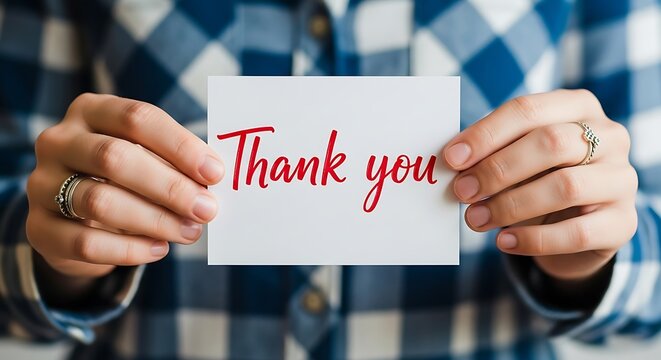 Hands holding a white card with the text thank you written in red script, conveying gratitude and appreciation