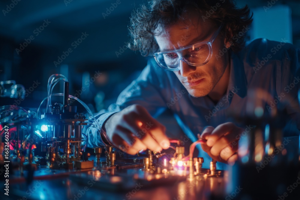 Poster a scientist in protective eyewear works intently on a complex circuit board with various electronic 