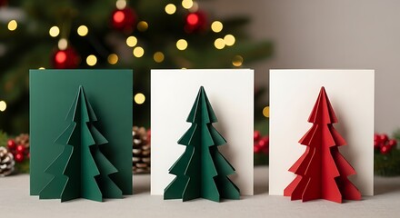Three handmade popup christmas cards featuring green and red paper trees, arranged on a festive table with a blurred background of a decorated christmas tree with bokeh lights and pinecones