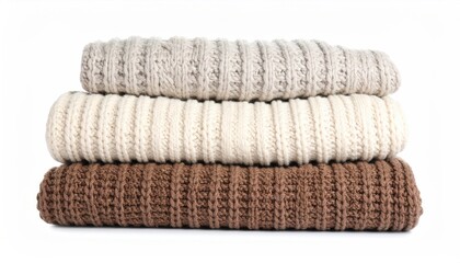 Neatly stacked, folded knit sweaters, beige, cream, and brown, against a white background, showcasing a textured rib-knit pattern
