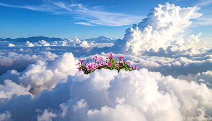 Here's a creative prompt you can use for generating an image or inspiring writing:

---

**Prompt:**

"A soft, fluffy cloud floats gently in a dreamy pink sky. Atop the cloud rests a delicate arrangem