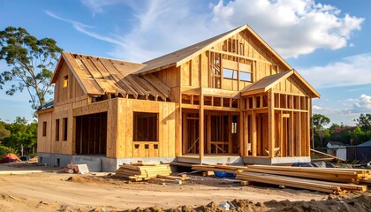 A new house under construction, framed with wood, on a sunny day