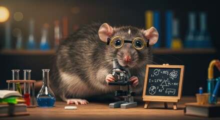 Bespectacled rat operates microscope with chalkboard and beakers in the background