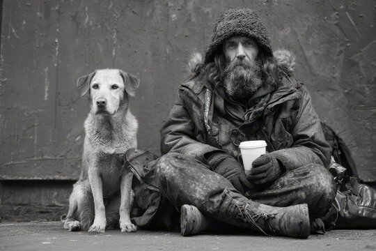 Homeless Man And Dog. Alone Beggar Adult with Beard in Cold Weather, Seeking Aid