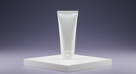 Fototapeta premium White cosmetic tube displayed on pedestal with gradient lighting and futuristic clean style