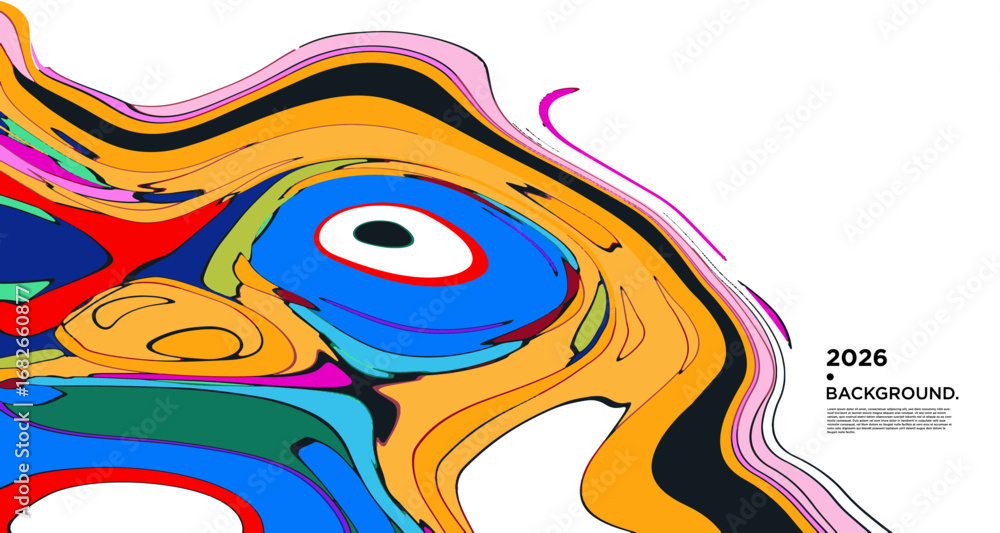Poster abstract psychedelic brutalism wave blob striped motion curves composition morphing amoeba fluid sha