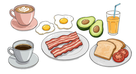 Delicious and colorful breakfast with bacon, eggs, coffee, avocado, toast and juice