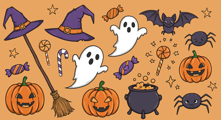Cartoon Halloween seamless pattern with traditional objects and characters illustrations