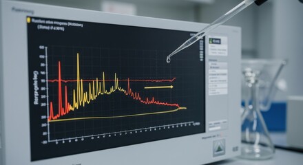 A close-up view of a laboratory experiment. A pipette dispenses liquid over a monitor displaying complex, color-coded graphs and data from an experiment