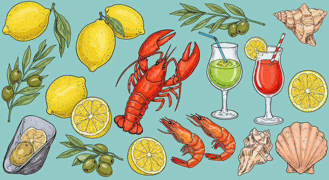 Summer seafood and citrus themed pattern with cocktails, providing a beachy vibe