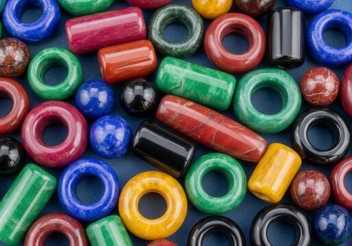 A tightly arranged cluster of polished beads and stones in various shapes