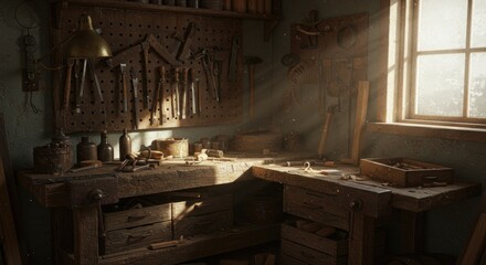 Obraz premium A sunlit, rustic workbench in a cozy workshop displays tools on a pegboard. Wood, metal, and age-worn items fill the space, radiating warmth