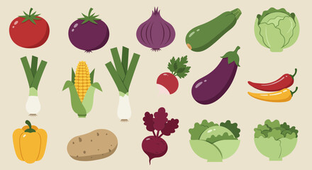 Colorful assortment of fresh cartoon vegetables illustrating healthy eating habits