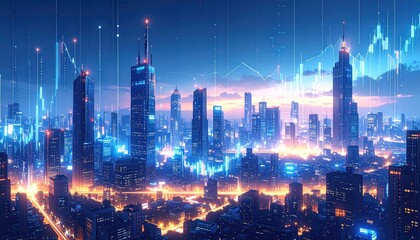 A vibrant city at night, bathed in blues and oranges, featuring skyscrapers and superimposed stock market data