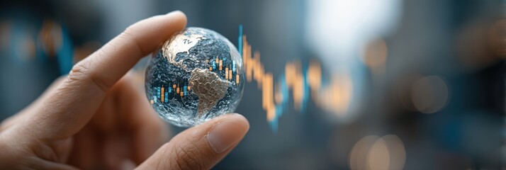 A hand holds a transparent globe, with financial graphs in the background, symbolizing global economics and data analysis.