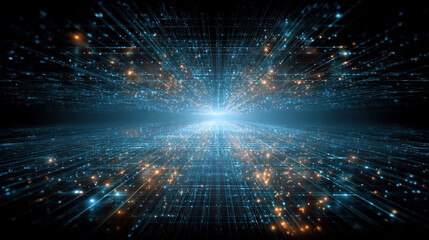 Obraz premium A futuristic digital network with bright lights and interconnected lines representing advanced technology and data connection.