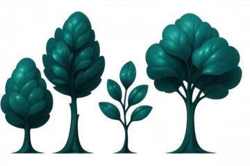 Whimsical turquoise cartoon trees and sapling sprouting against transparent backdrop, ideal for children's media and fantasy graphics