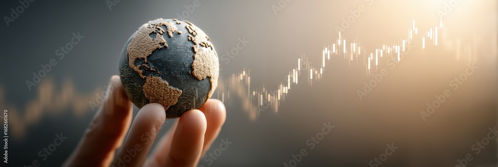 Poster a hand holds a globe with a rising graph in the background, symbolizing global economic growth and i
