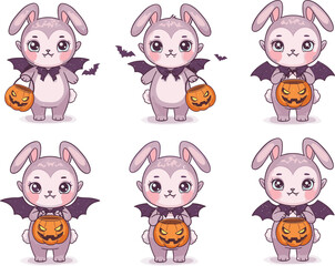 Adorable cartoon bunny in Halloween costume holding pumpkin bucket, cute bat wings, trick or treat, spooky rabbit, kawaii, fall night