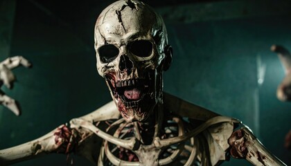 Distorted skeleton figure, posed menacingly with open mouth, ribs exposed, in a dimly lit setting