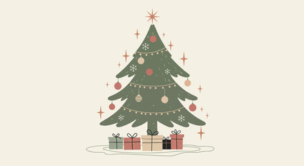 Illustration of a festive christmas tree adorned with ornaments and gifts at base