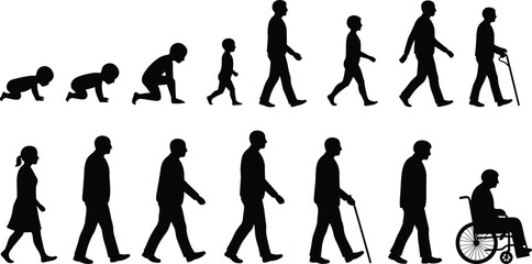 Human life cycle silhouette set showing stages from crawling baby, childhood, adulthood, aging, and senior years with cane and wheelchair