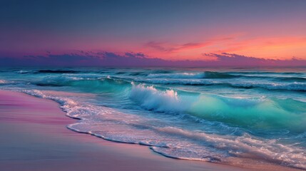 Fototapeta premium A serene ocean scene at sunset, showcasing vibrant colors reflecting on gentle waves and a sandy shore.