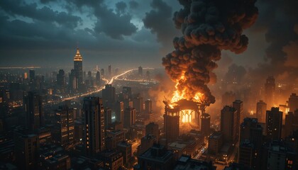 City Apocalypse with a Building on Fire and a Mushroom Cloud