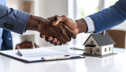 A close-up showcases two hands shaking over a contract near a miniature house, suggesting agreement or a real estate deal