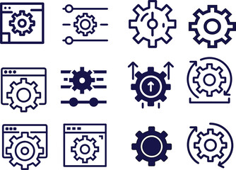 Settings cogwheel icon collection with clean vector lines. Great for apps, websites, and mechanical visuals.