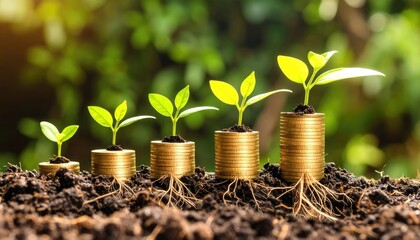 Coin stacks, planted in soil, sprout into saplings, illustrating growth and investment against a blurred green background
