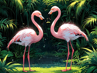 Two Majestic Pink Flamingos Standing Gracefully in a Lush Tropical Jungle Amidst Verdant Foliage and Sunlight