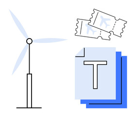 Wind turbine beside airplane tickets and papers, symbolizing renewable energy, travel, and documents. Ideal for eco-tourism, energy, sustainability, business, technology education simple landing