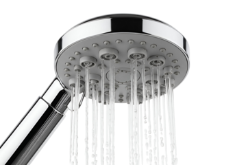 Modern chrome showerhead with water streams cascading against a black background.