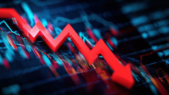 Close-up OLED display with large red downward arrow and layered stock charts showing economic risk and bearish signals