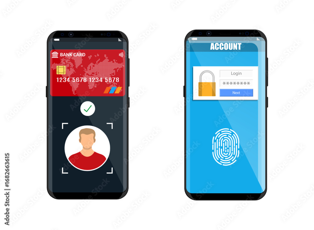 Poster man using phone for online payment and secure access. mobile banking application with face recogniti