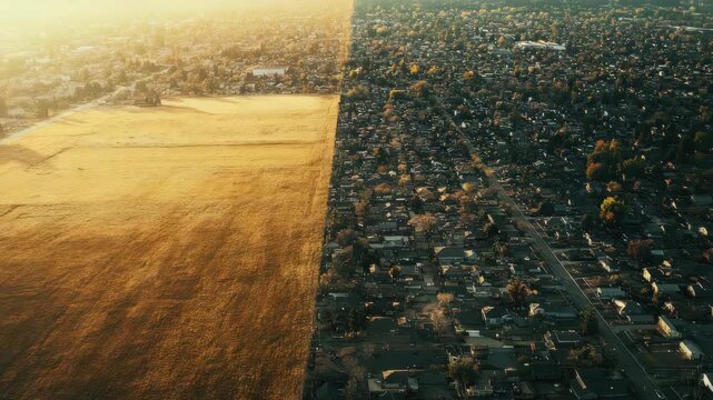 Dramatic aerial view showing urban sprawl merging with rural farmland