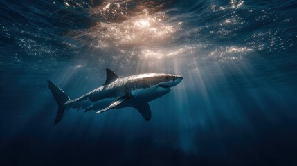 Obraz premium A majestic shark swims gracefully through deep blue waters, illuminated by sunlight filtering from above, showcasing the beauty of marine life.