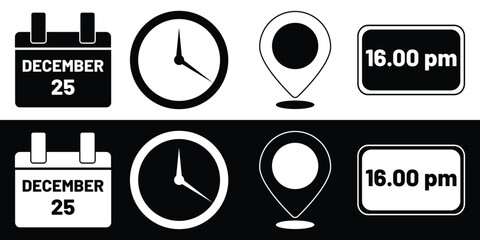 Address time date icons set. Address location icon. Clock icon. Calendar icon. Time, date and address icon set. Calendar, clock, location. Editable stroke. Icons for time date and location information