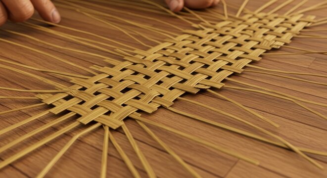 Close-up of tan woven material being hand-crafted on a wooden surface, creating a textured, radiating pattern