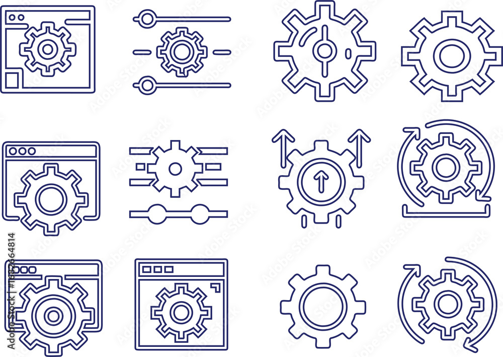 Poster professional outline setting gear icon set for software, tools, and system settings. vector design, 