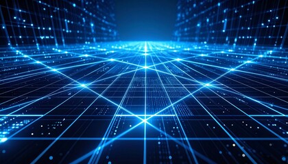 Futuristic glowing blue digital grid with data points and light trails extending into virtual space.