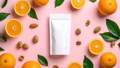 A white, sealed pouch lies center, surrounded by whole and sliced oranges, walnuts, almonds, and green leaves against a light pink backdrop, shot from overhead