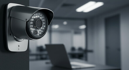 Modern surveillance security camera mounted on a wall with a blurred office background isolated on white background
