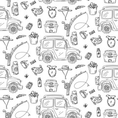 Pattern of Tourist items, scribbles. Car, refrigerator, fishing rod, thermos, knife, hat, flask. Graphics, engraving, and shading in a seamless texture. Black ink, marker. Picnic, hiking, camping
