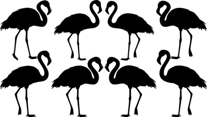 Obraz premium Symmetrical arrangement of six flamingo silhouettes, some walking, some feeding, one in flight, simple and balanced, minimalist art.