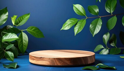 A natural wood round podium is the focal point, surrounded by vibrant green leaves against a gradient blue background. Light adds depth