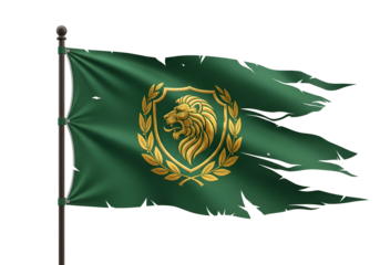 A tattered green flag, billowing in the wind, displays a golden lion emblem on a shield, encircled by a wreath, set against a stark black backdrop.