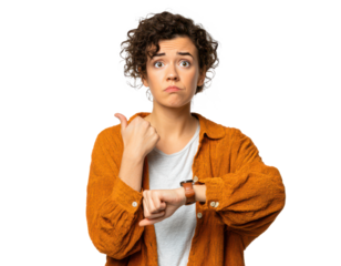 causal young brunette woman making gesture of having no time and to hurry up isolated on white or transaprent png
