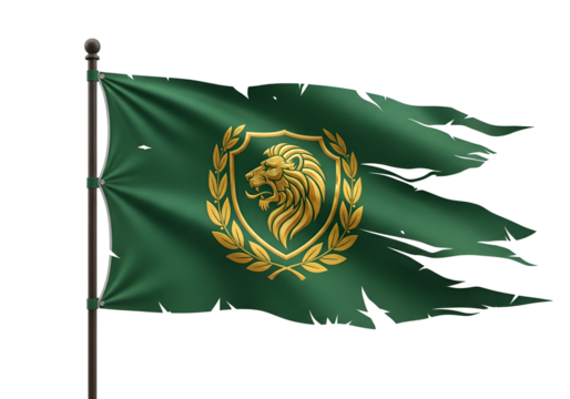 A tattered green flag, billowing in the wind, displays a golden lion emblem on a shield, encircled by a wreath, set against a stark black backdrop.